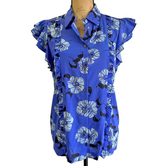 P.A.R.O.S.H. Women's Floral Blue Button Up Short Sleeve Silk Blouse Sz M - Picture 3 of 13